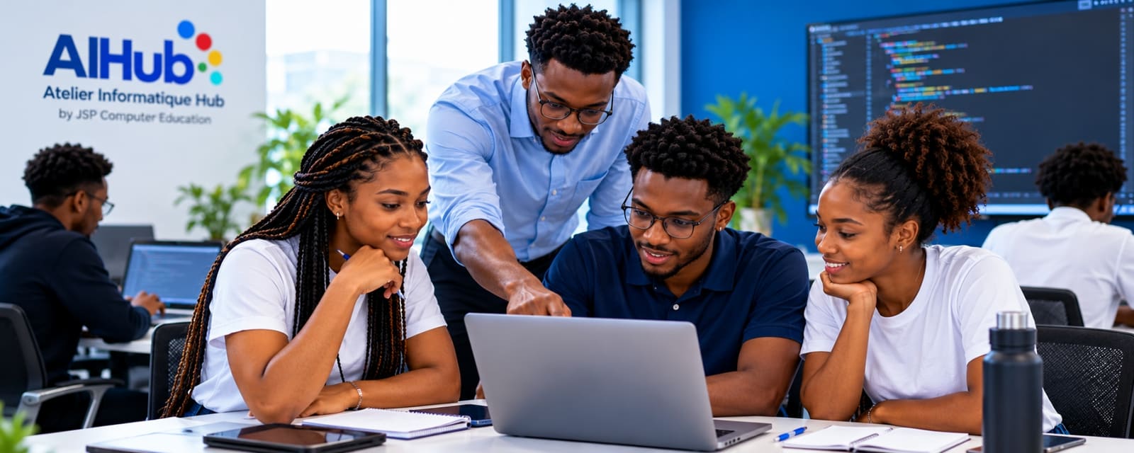 Un formateur travaille avec des apprenants lors d’un cours pratique JSP
