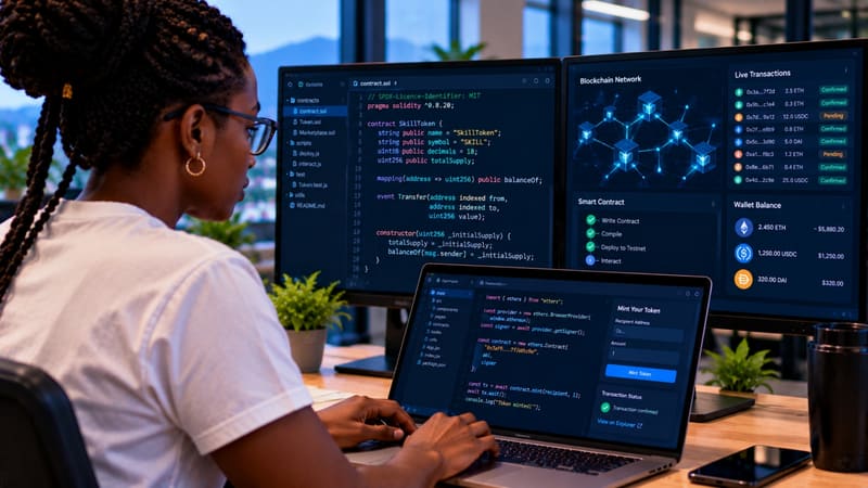 Un développeur écrit du code blockchain