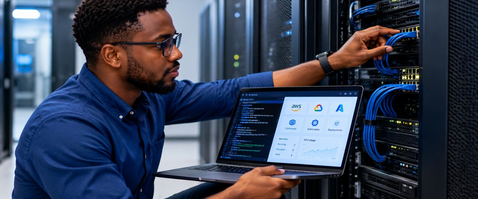 Un ingénieur configure des serveurs cloud