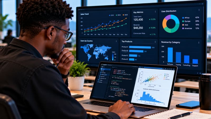 Une apprenante analyse des données sur des tableaux de bord