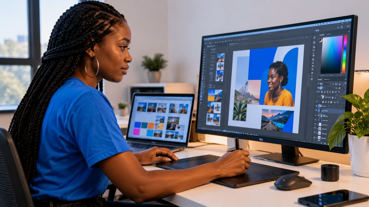 Une designer compose des visuels sur un grand écran