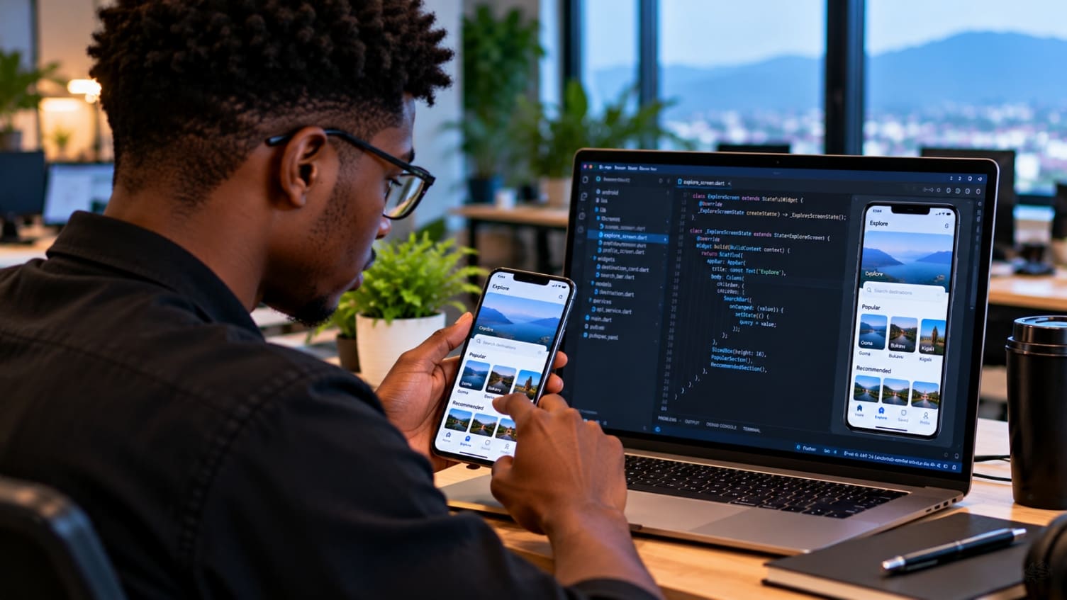 Une développeuse teste une app mobile sur un téléphone